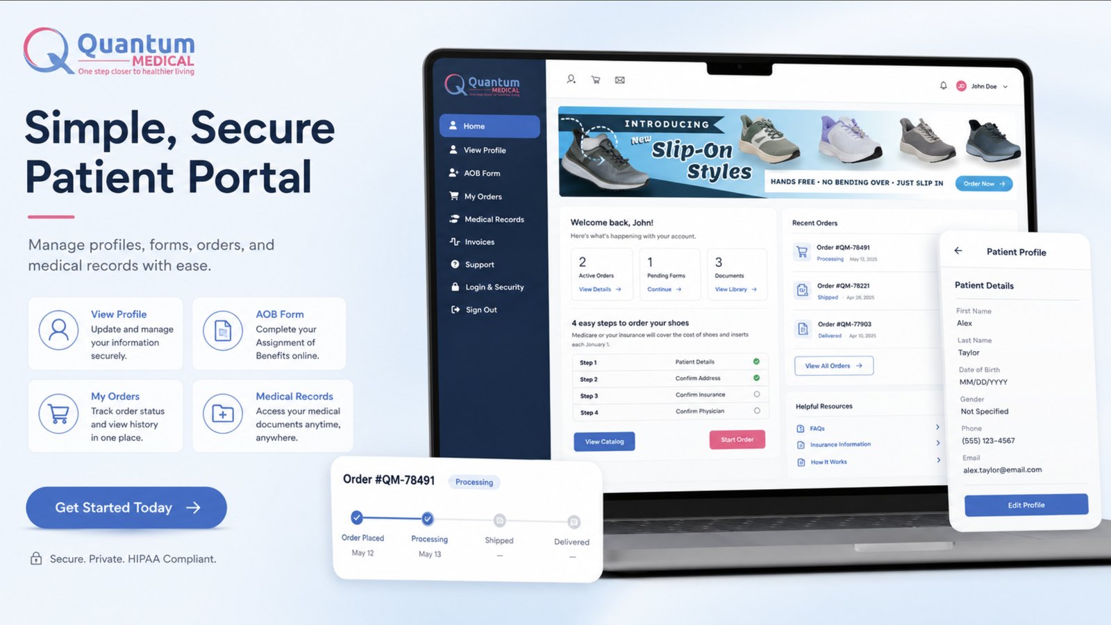 The Quantum Medical Supply patient portal dashboard — manage profiles, forms, orders, and medical records