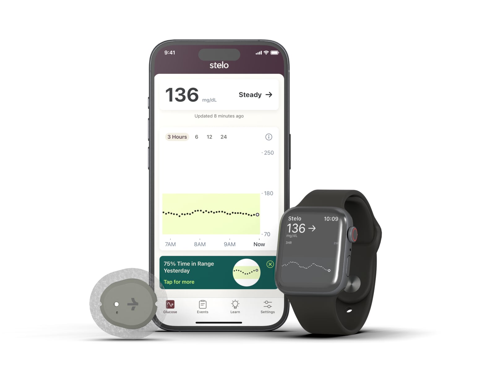 A Dexcom continuous glucose monitor with a smartwatch display